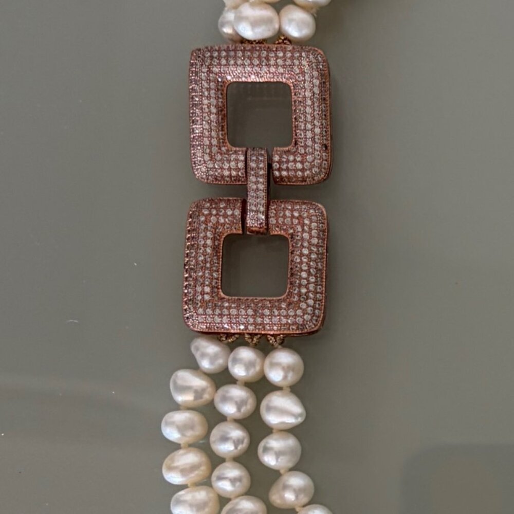 Triple Strand Freshwater Pearl Necklace Sterling Silver 925 CZ Clasp Statement